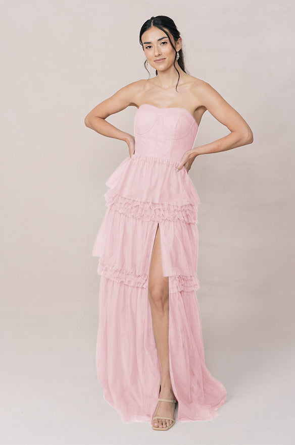 strapless open back dress CITY LIGHTS RUFFLE MIDI DRESS IN LIGHT PINK – AKIRA