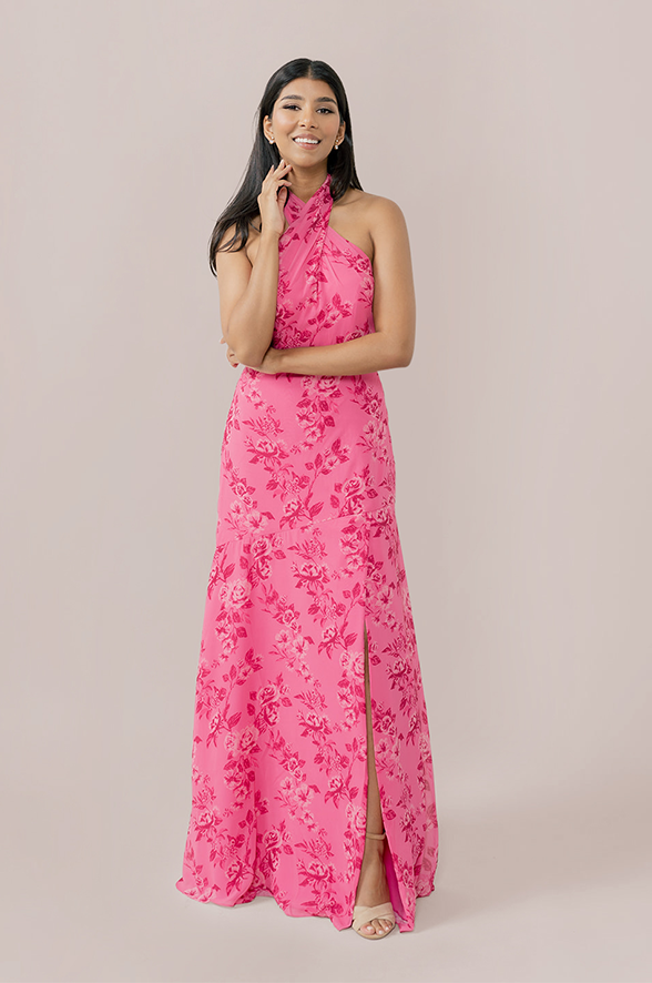 Athena Chiffon Floral Print Dress | Made to Order Malibu Pink Bouquet