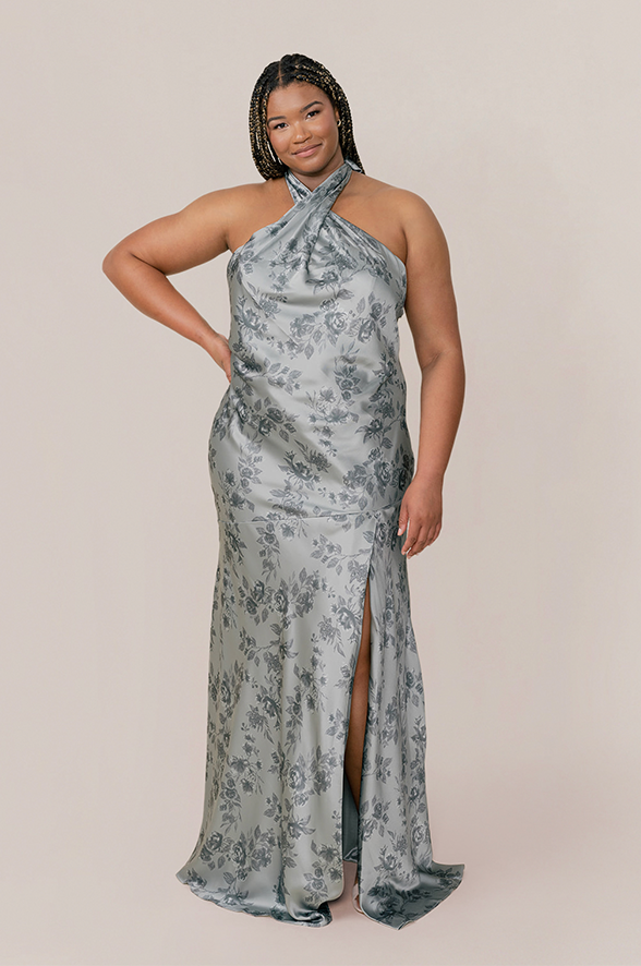 athena floral ruched long sleeve midi dress Athena Satin Floral Print Dress