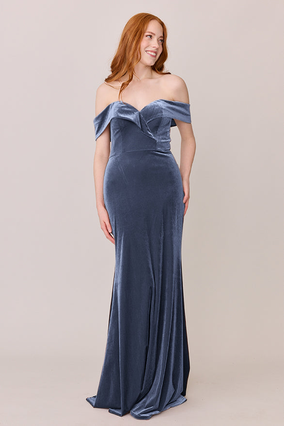 bardot blue velvet dress Shimmer Velvet Bardot Maxi Dress - Navy