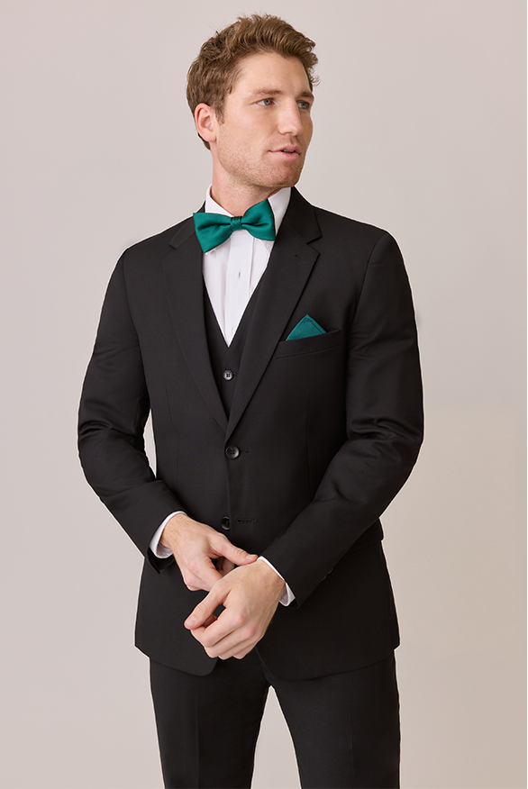 Model: Ethan; Size: M. Pictured with Black Jacket, Classic Emerald Satin Bowtie and Pocket Square