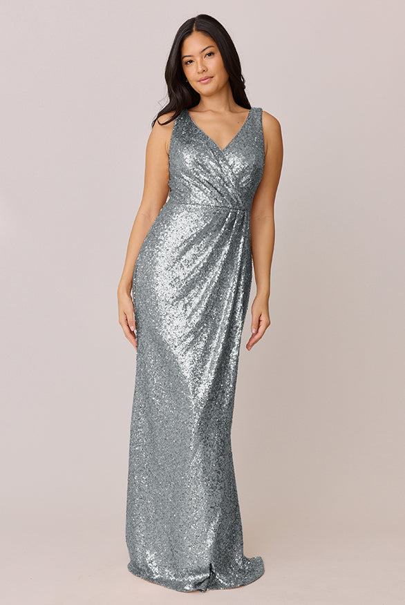 david's bridal gold sequin dress Plus-Size Long Prom Dress with Side Sash– PromGirl main image 1