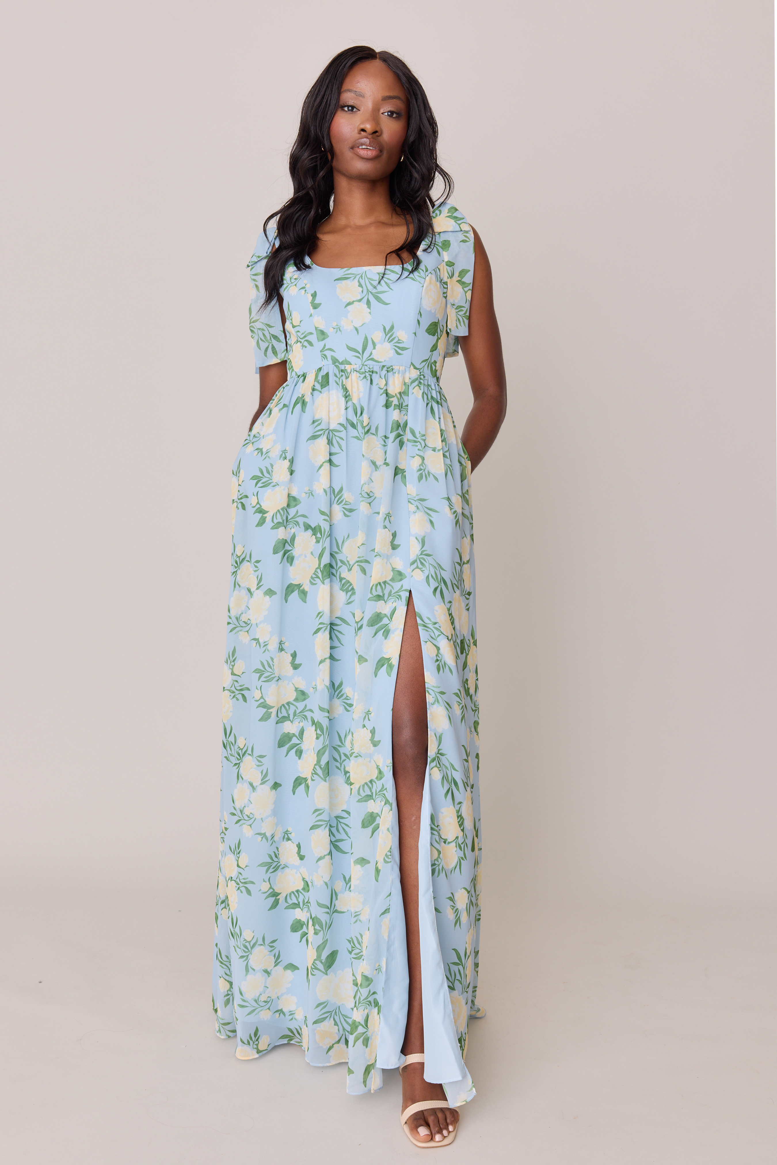 Bowie Chiffon Floral Print Dress | Made To Order Sky Blue Multi Bouquet Bowie Chiffon Floral Print Dress | Made To Order Sky Blue Multi Bouquet