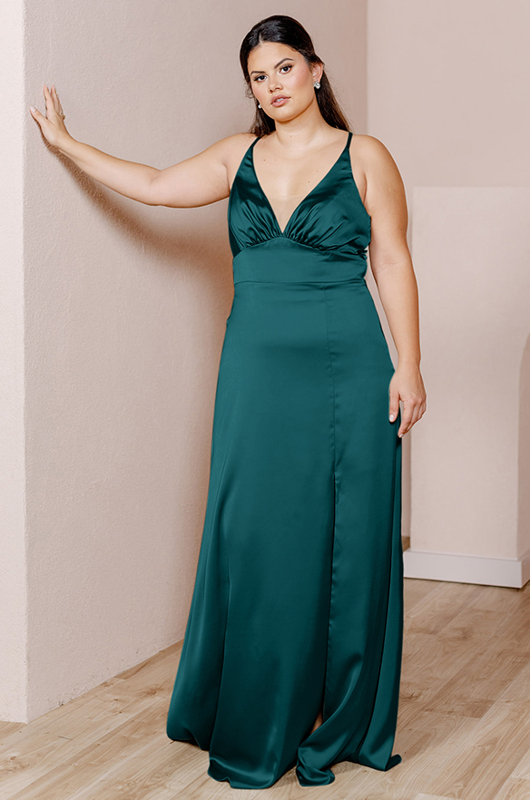 Sample Classic Emerald Carmen Satin Dress | Ready To Ship 16 Sample Classic Emerald Carmen Satin Dress | Ready To Ship 16