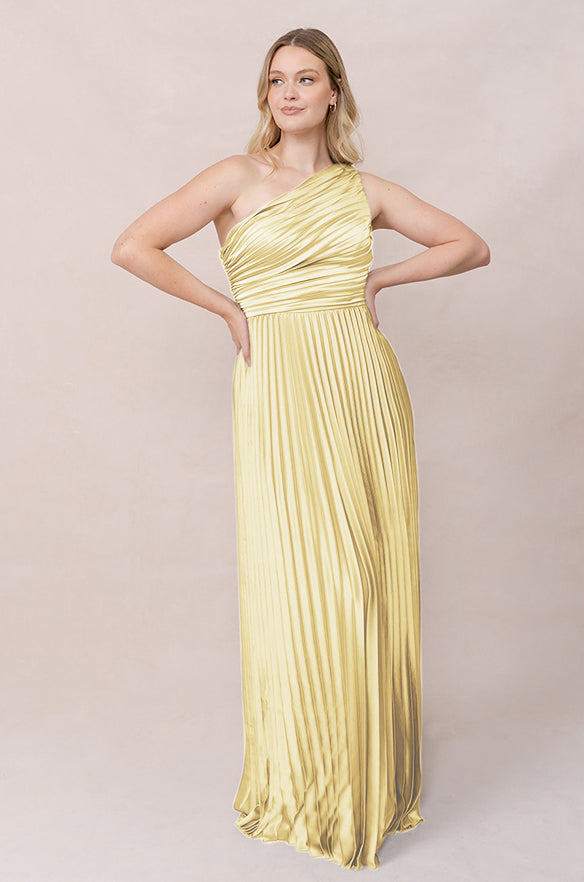 yellow pleated satin dress NWT! ANTHROPOLOGIE Yellow Pleated Plisse Satin Midi Dress Size Medium $178
