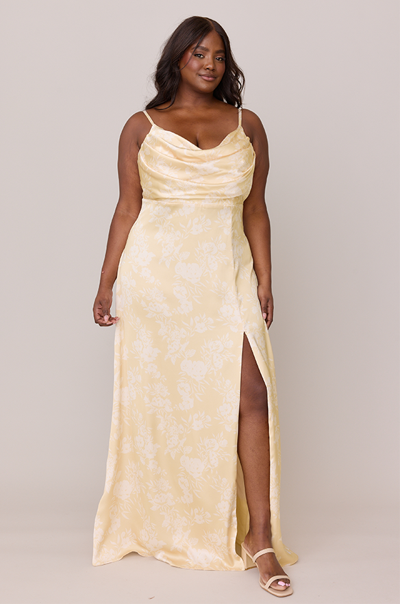 Ember Satin Floral Print Dress | Made To Order Pale Yellow Bouquet Ember Satin Floral Print Dress | Made To Order Pale Yellow Bouquet