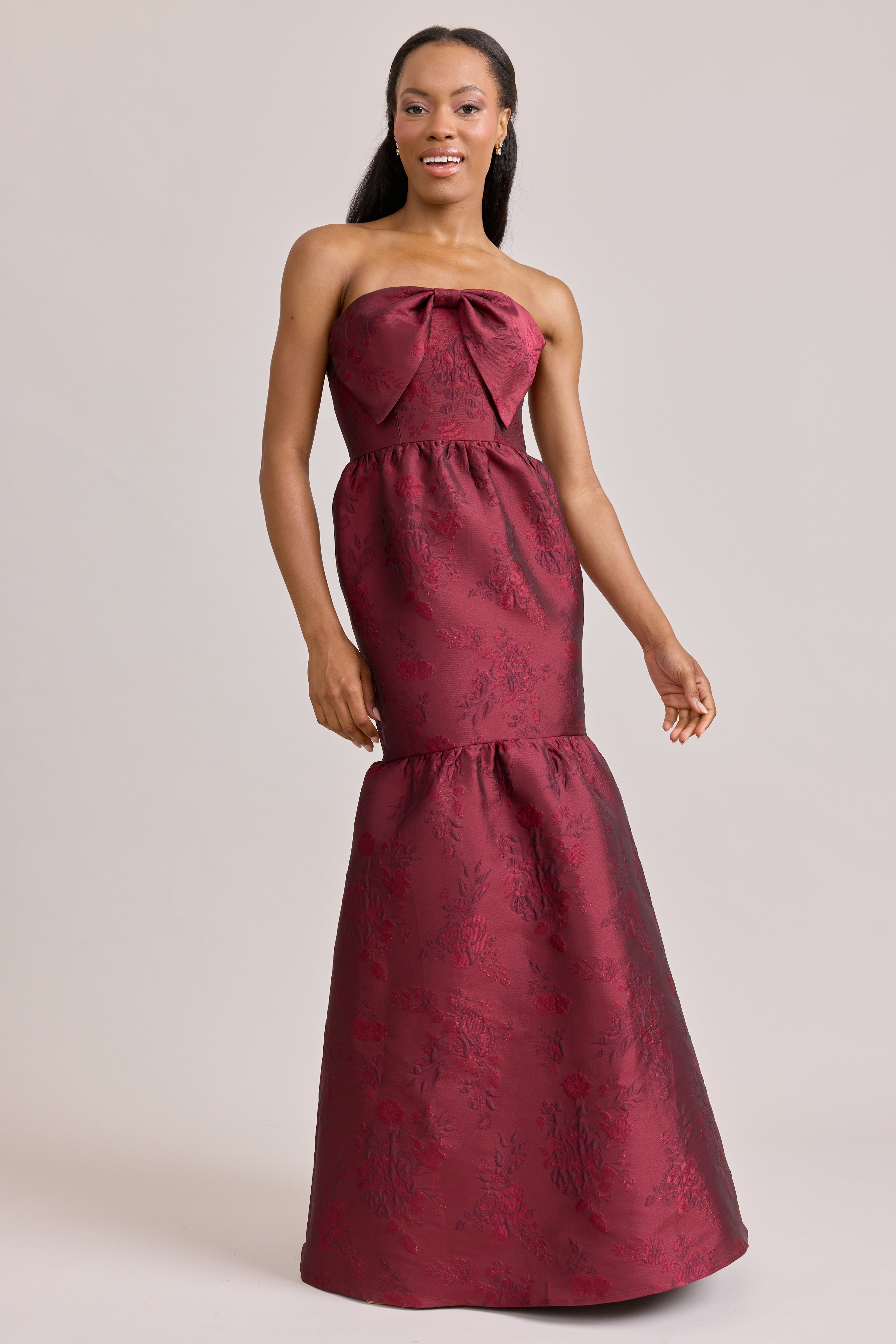 burgundy jacquard dress Corset-Back Wrap-Bodice A-Line Prom Dress