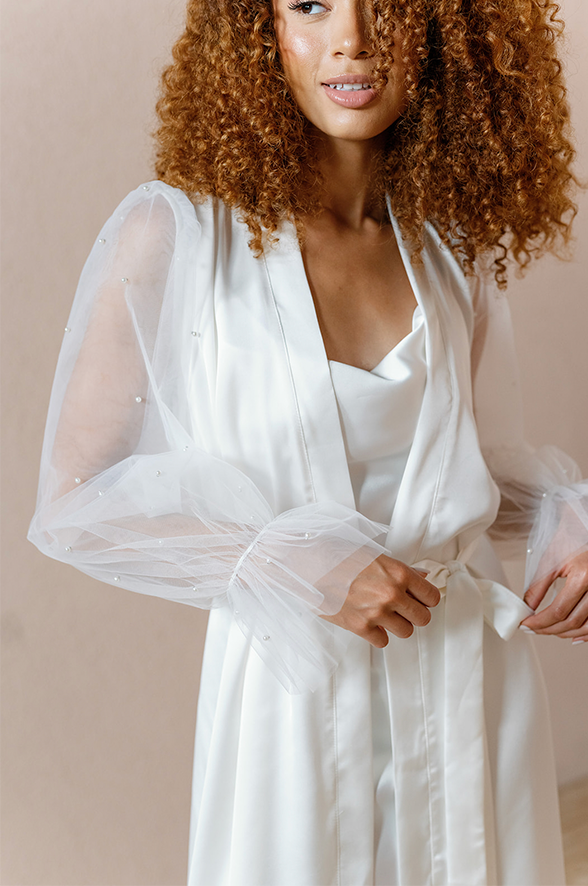 Model: Brinkley; Size: S; Color: White Pearl  (Pictured with the All Nighter Sleep Dress in White Pearl Satin)