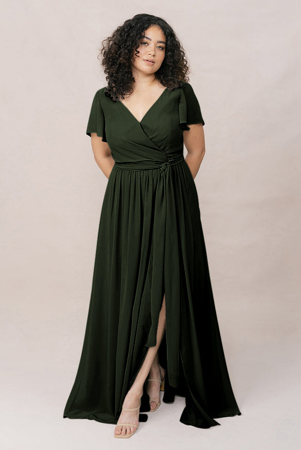 Harper Chiffon Faux Wrap Dress | Made To Order Deep Olive