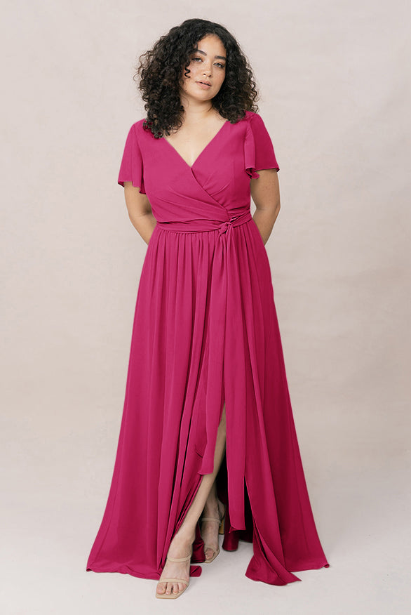 open lace back dress Hot Pink Short Sleeve V-Neck Buckle Wrap Midi Dress – AX Paris