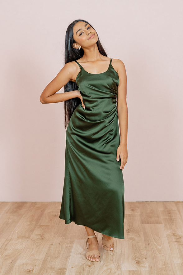 rory satin dress Revelry Rory Satin Fitted V Neck Maxi Bridesmaid Dress 4 Cinnamon Rose