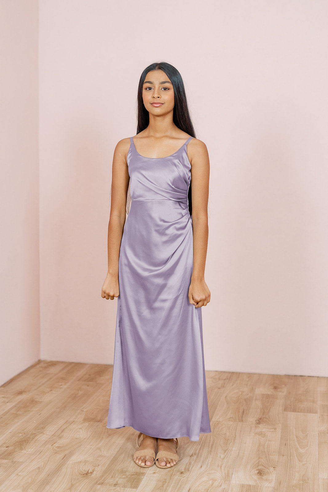 lavender brown rory dress Juniors Satin Maje Flowy ruffled maxi neckline Built itp-collectionId-20 Size:8-10 year