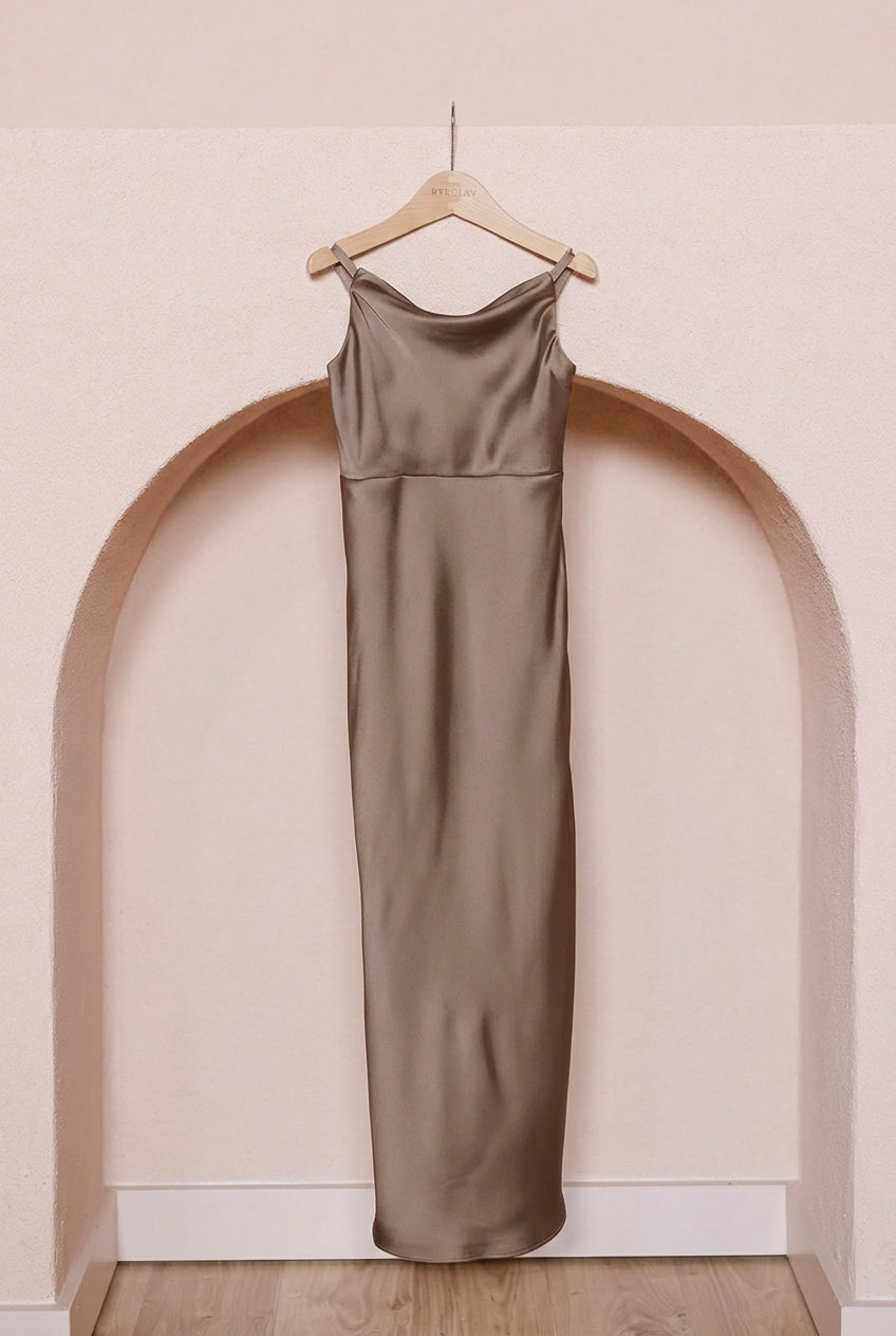 la lune bias cowl midi dress terracotta Juniors Skye Satin Dress
