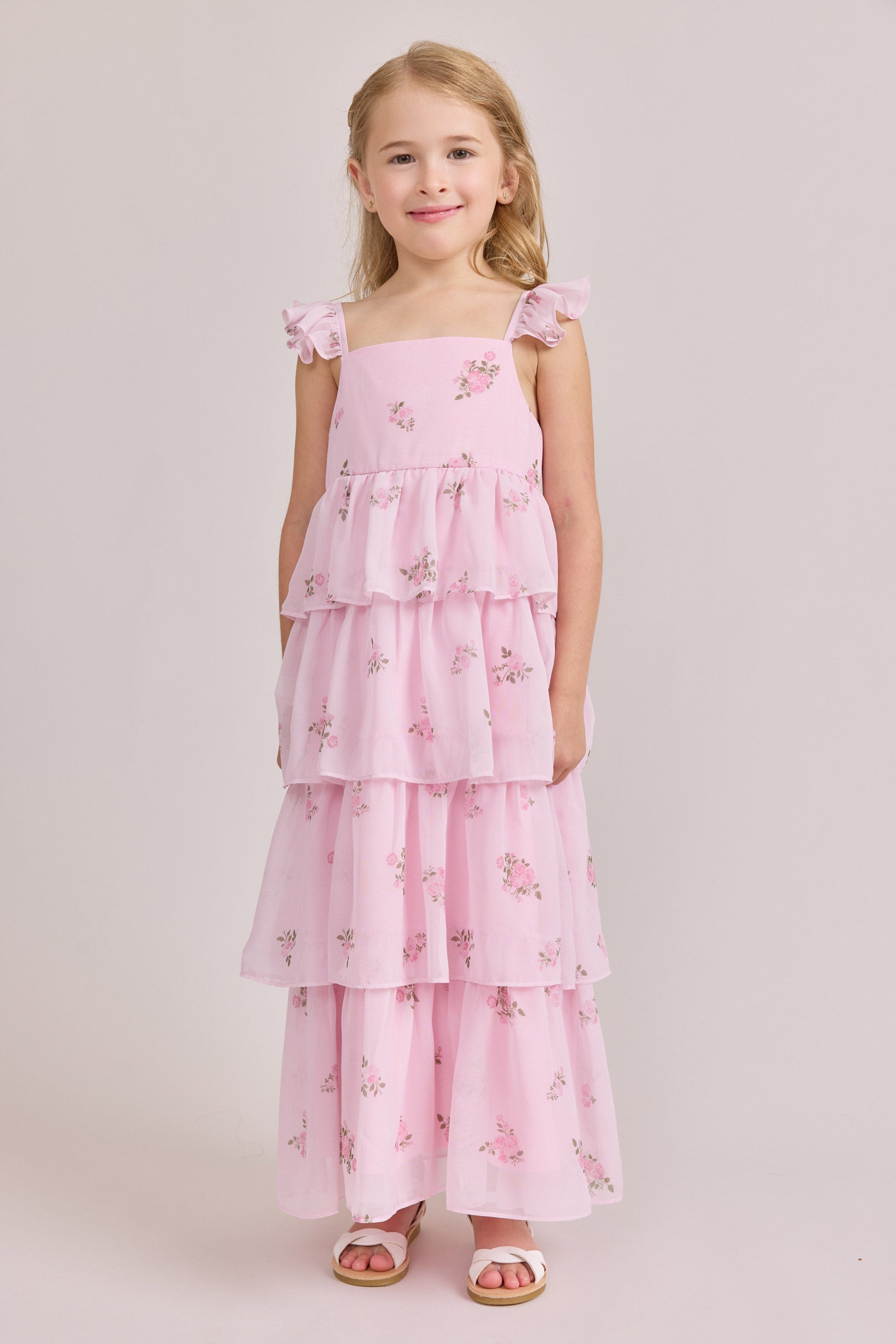 Kids Poppy Chiffon Floral Print Dress | Made to Order Baby Pink Petit Rose