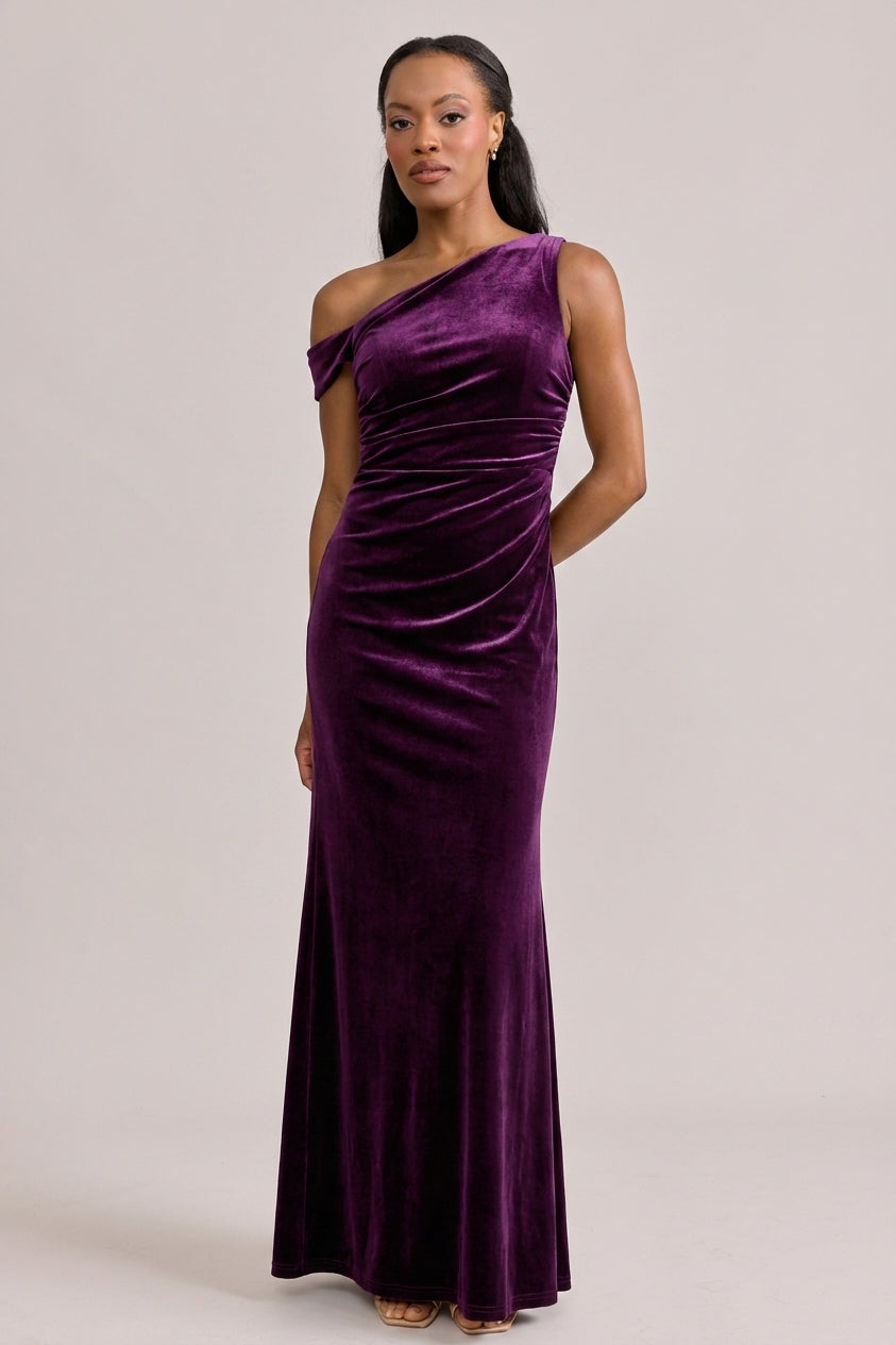 long purple velvet dress Livvy The Dress comes with Belt Size (refer to sizing instructions below):54 High Low Off Shoulder Loop Button Closure