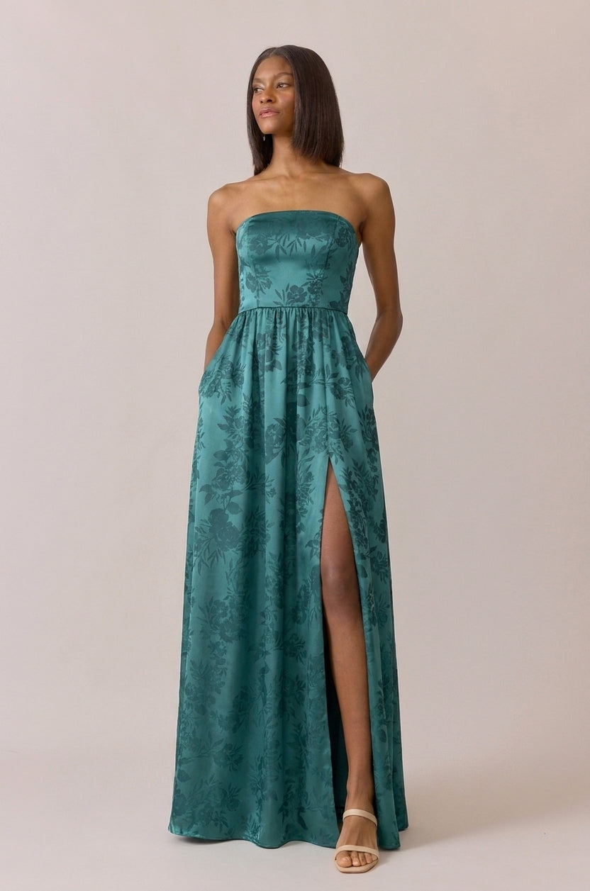 green satin floral dress A Hui Hou Green Satin Floral Stitch Detail Maxi Dress