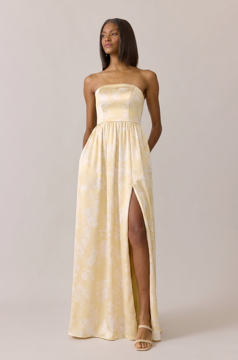 yellow satin floral dress Lily Floral Satin Dress in Yellow Multi