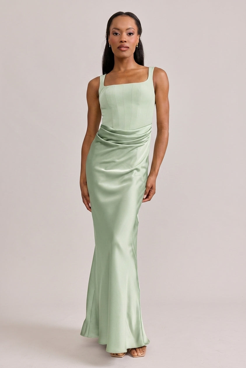 pistachio green satin dress Marlowe + Crepe azazie pistachio wedding