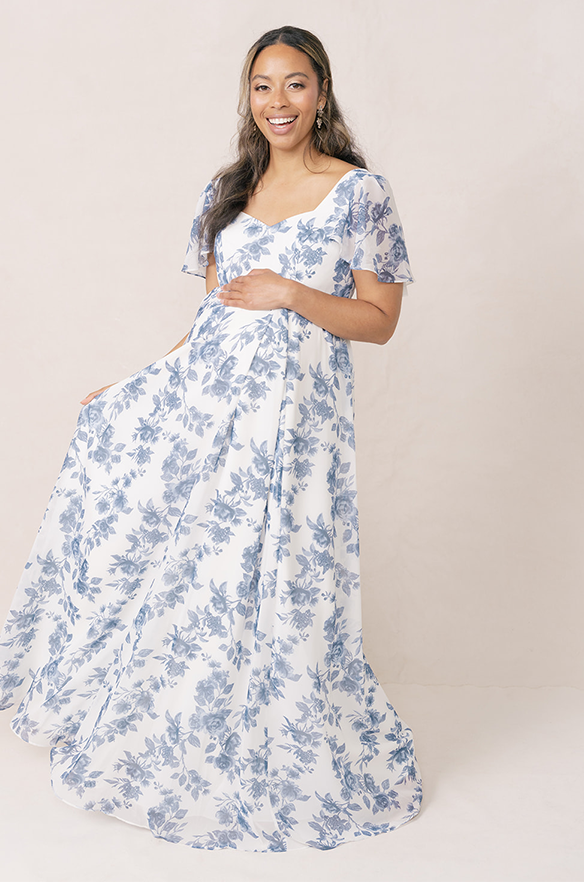 Pink And Blue Maternity Dress For Gender Reveal Melody Maxi Dress With Pleats And Bow Detail Pink And Blue Maternity Dress For Gender Reveal Melody Maxi Dress With Pleats And Bow Detail