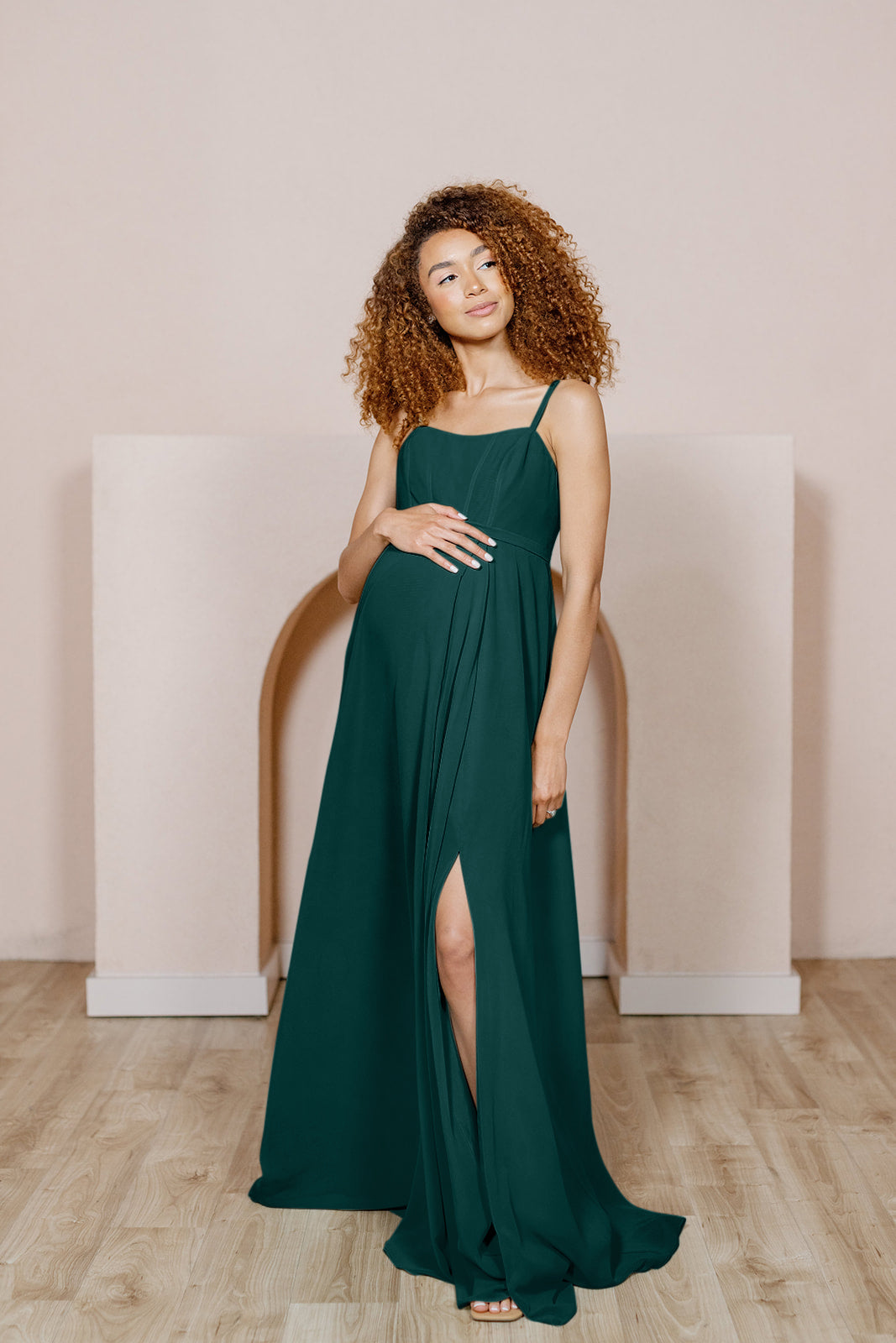 slim fit dress slacks Lily Maternity Shirred Green Shoulder Tie Party Dress – Angel Maternity USA main image 1