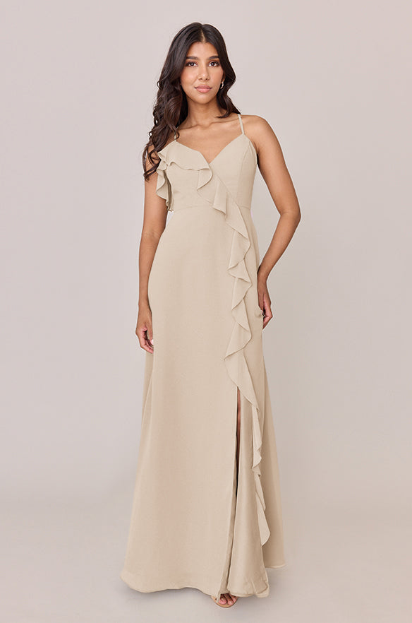 paloma pleated maxi dress Chiffon creating a sense of Color:Navy+Champagne Rihanna Ruffle Maxi Dress women's white blouse