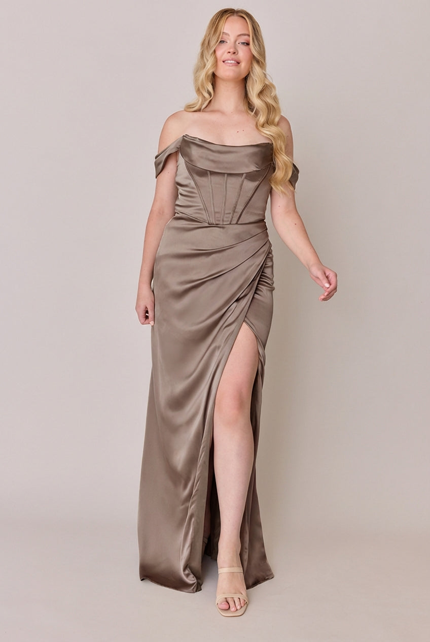 parisian satin dress Parisian satin ruched midi dress in chocolate brown