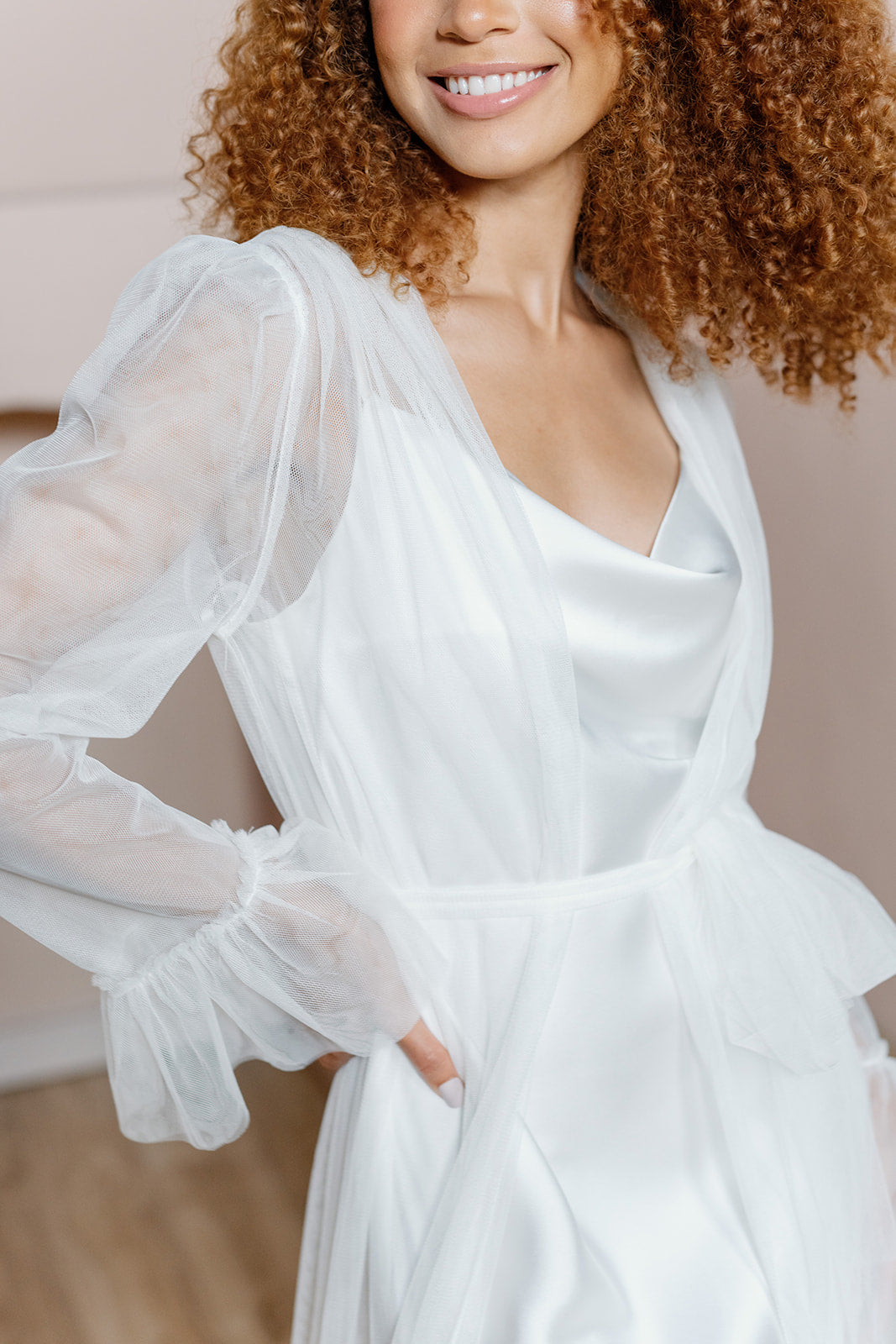 Model: Brinkley; Size: S; Color: White Pearl (Pictured with the All Nighter Sleep Dress in White Pearl Satin)