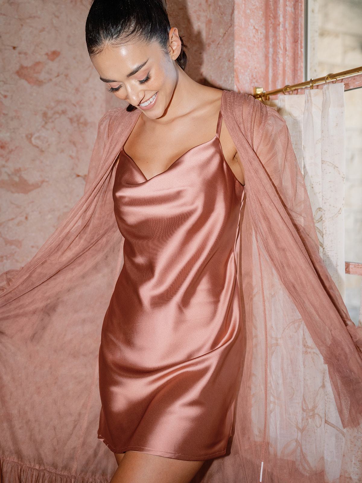 Model: Saije; Size: S; Color: Desert Rose (Pictured with the All Nighter Sleep Dress in Desert Rose Satin)