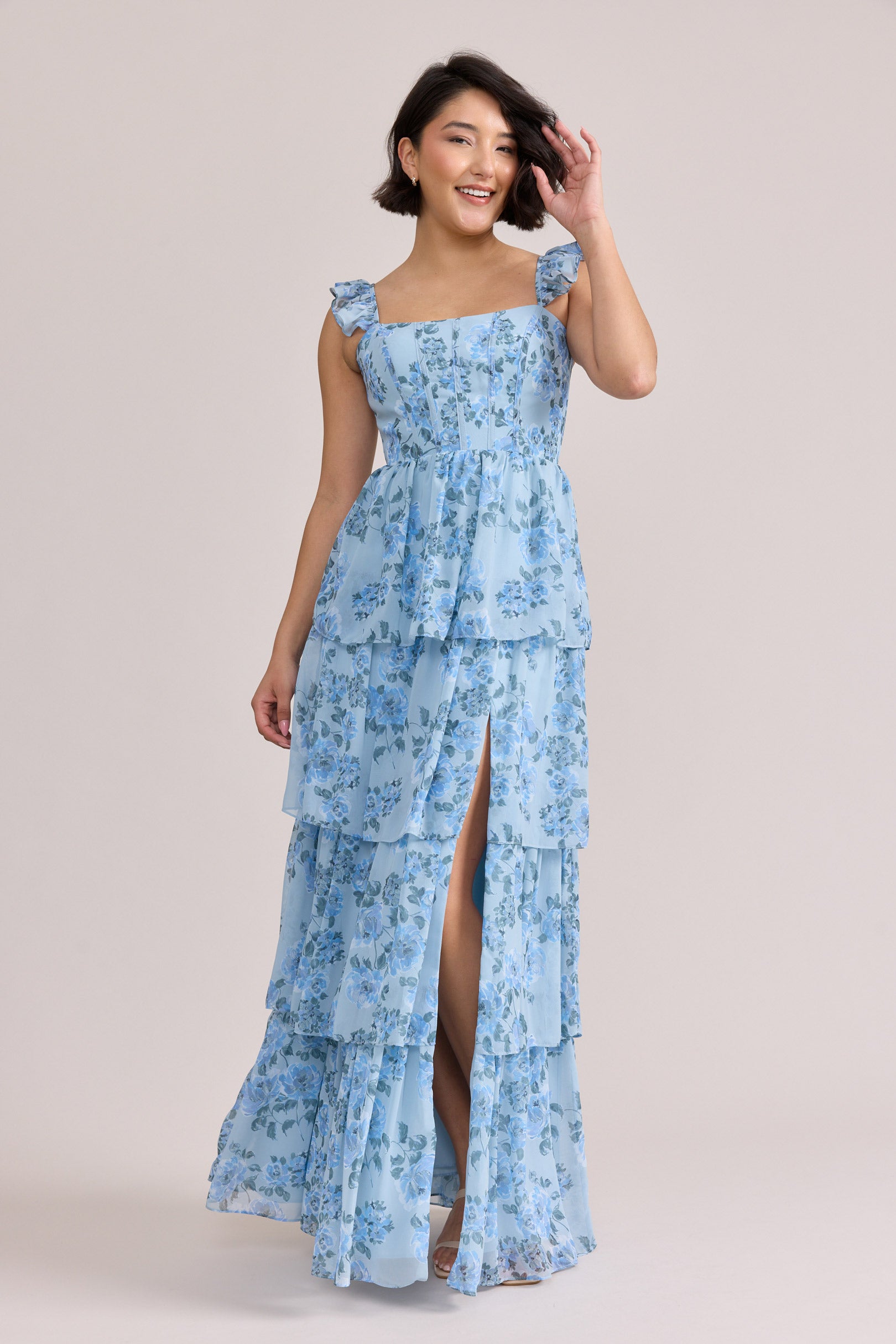 Poppy Chiffon Floral Print Dress | Made To Order Sky Blue Blossom Poppy Chiffon Floral Print Dress | Made To Order Sky Blue Blossom