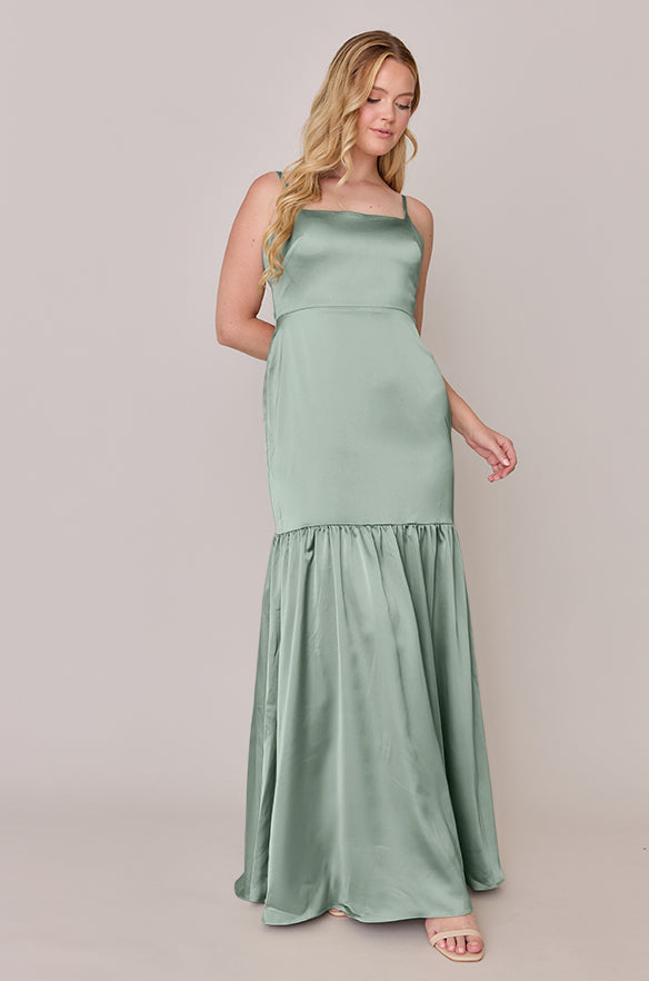 sage green long satin dress Spaghetti Straps Sage Green Mermaid Evening Dress with Overskirt LA72378 –  SERENE HILL