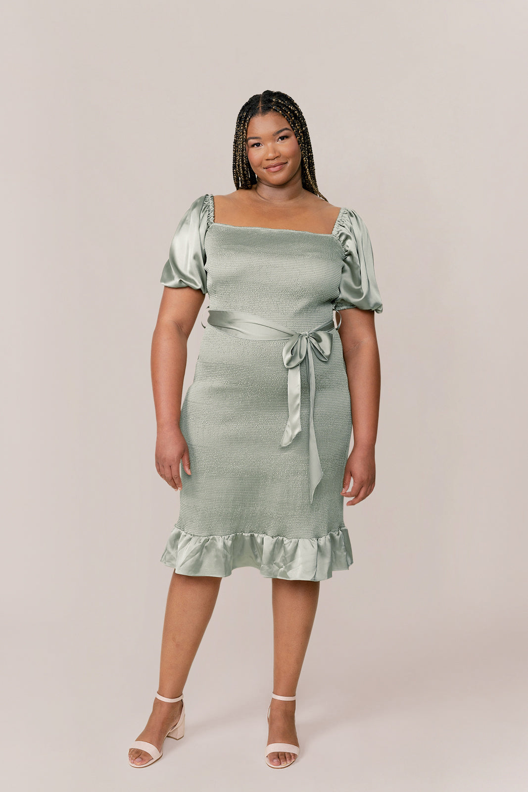 Sample Sage Dallas Satin Shirring Dress
