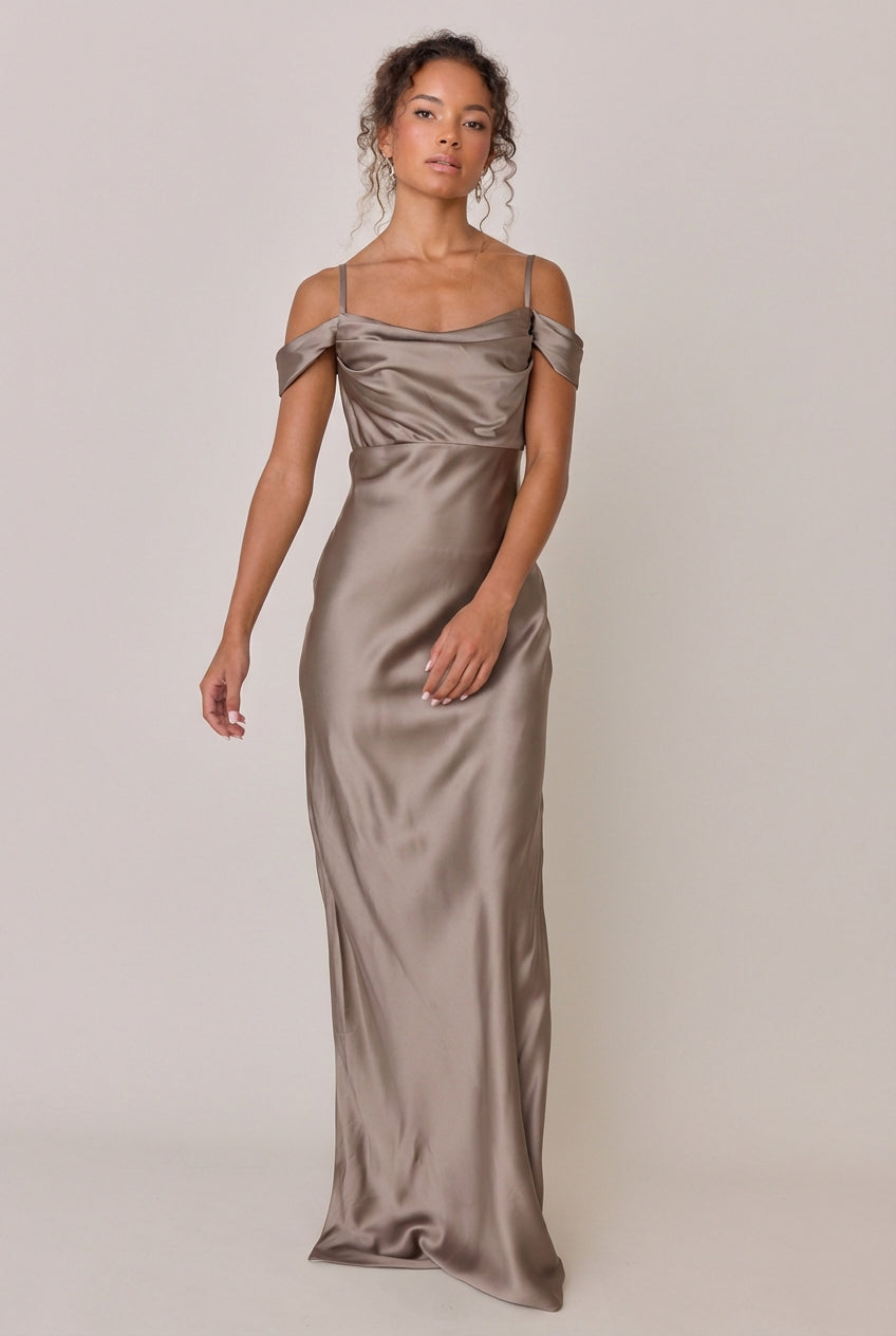 sienna satin pleated off shoulder dress Sienna Satin Dress