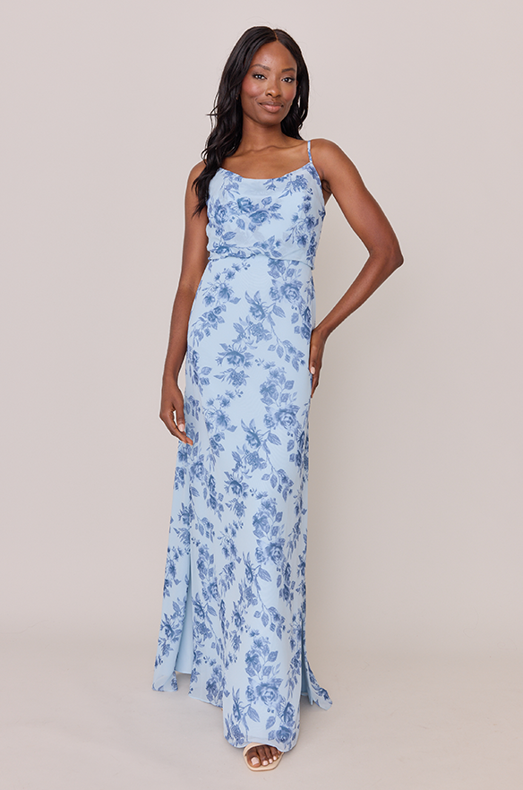 sky blue floral dress Skye Chiffon Print Color:Graphite Gray Blue Satin Cowl Neck Color-Black-Wedding Formal dresses Sleeveless 6
