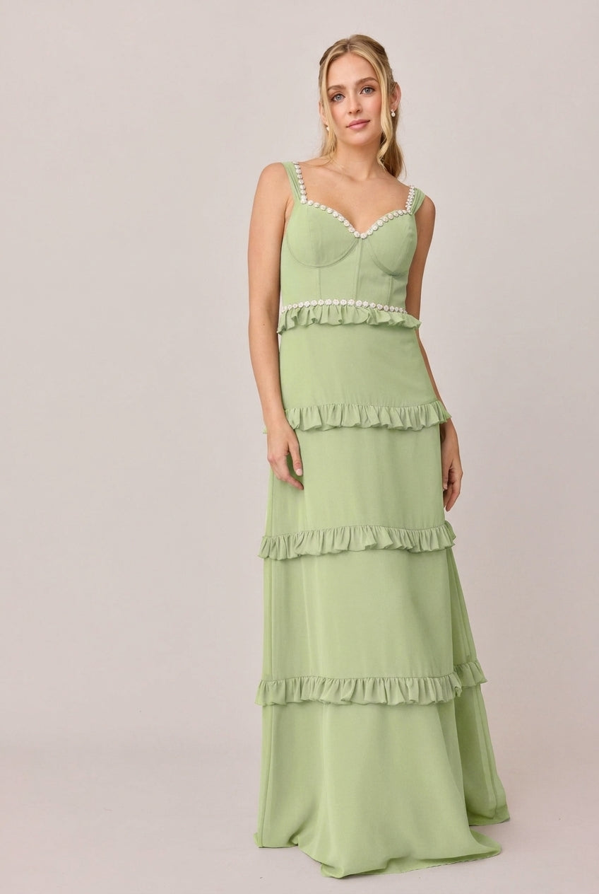 san sloane green dress Luxe Chiffon con dress is sure