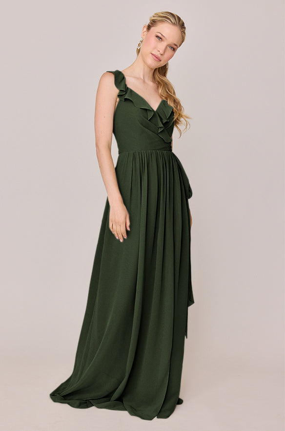 faux-wrap pleated chiffon bridesmaid dress Pleated Faux Wrap Satin Maxi Dress with Adjustable Spaghetti Straps