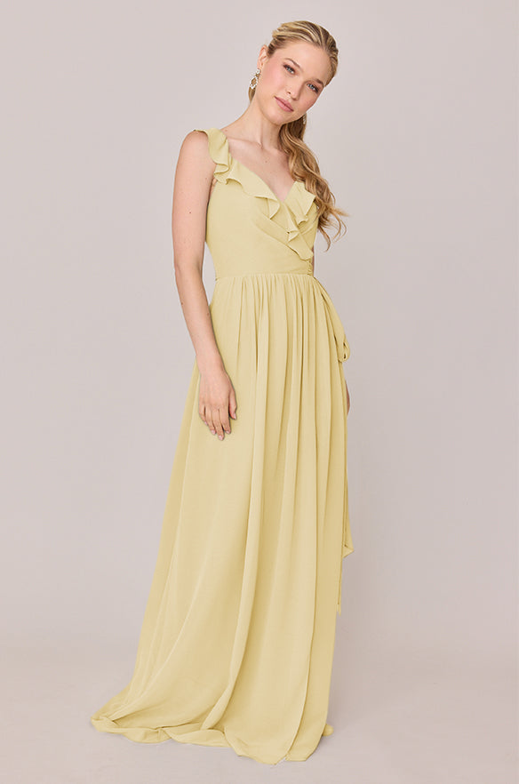 faux wrap pleated chiffon bridesmaid dress Chiffon Pleated Wholesale Bridesmaid Dress with Ruffle Short Sleeves