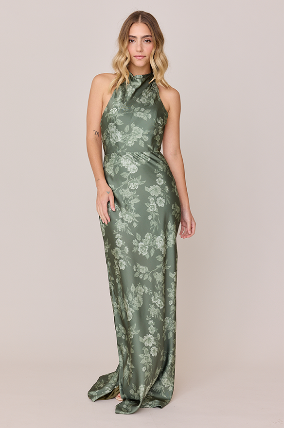Veronica Satin Floral Print Dress | Made to Order Olive Bouquet Veronica Satin Floral Print Dress | Made to Order Olive Bouquet