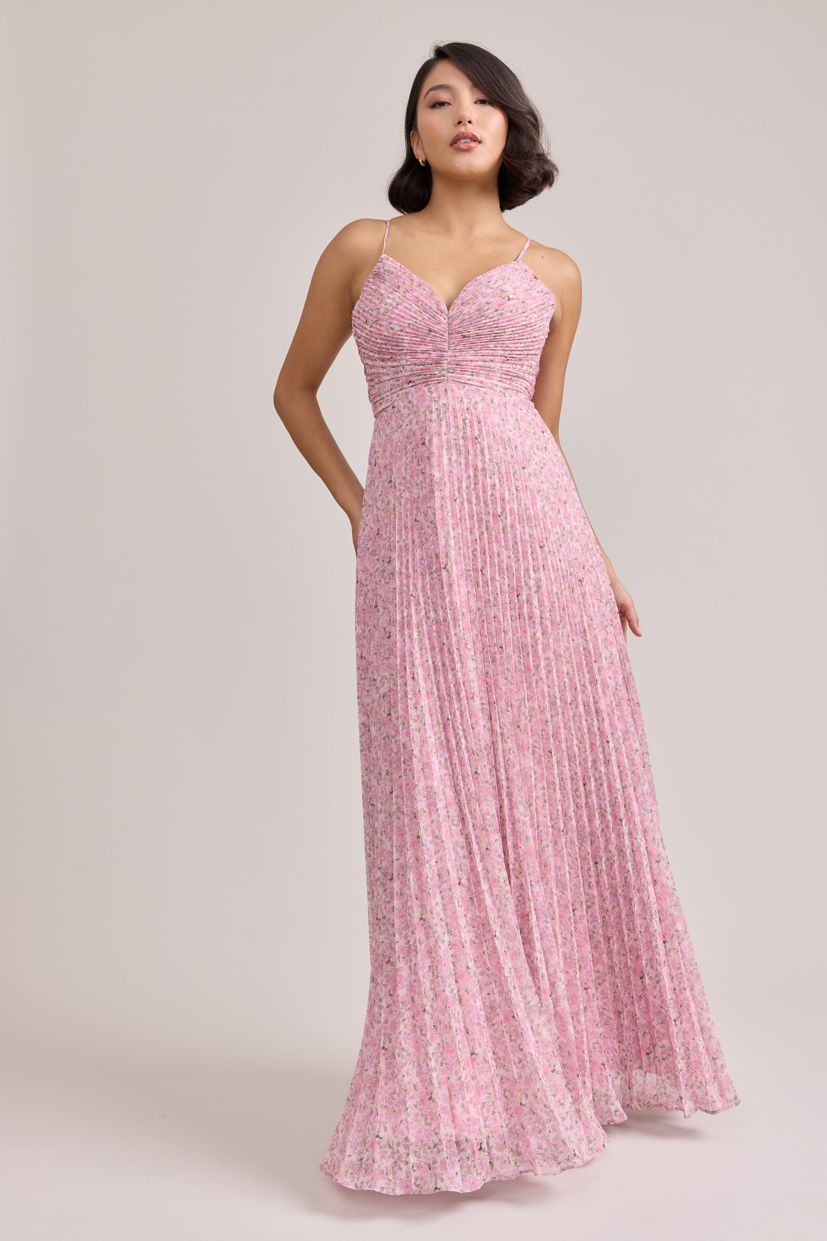 Vivian Chiffon Pleated Floral Print Dress