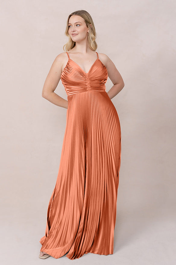 orange pleated dress Vivian Satin Pleated Dress