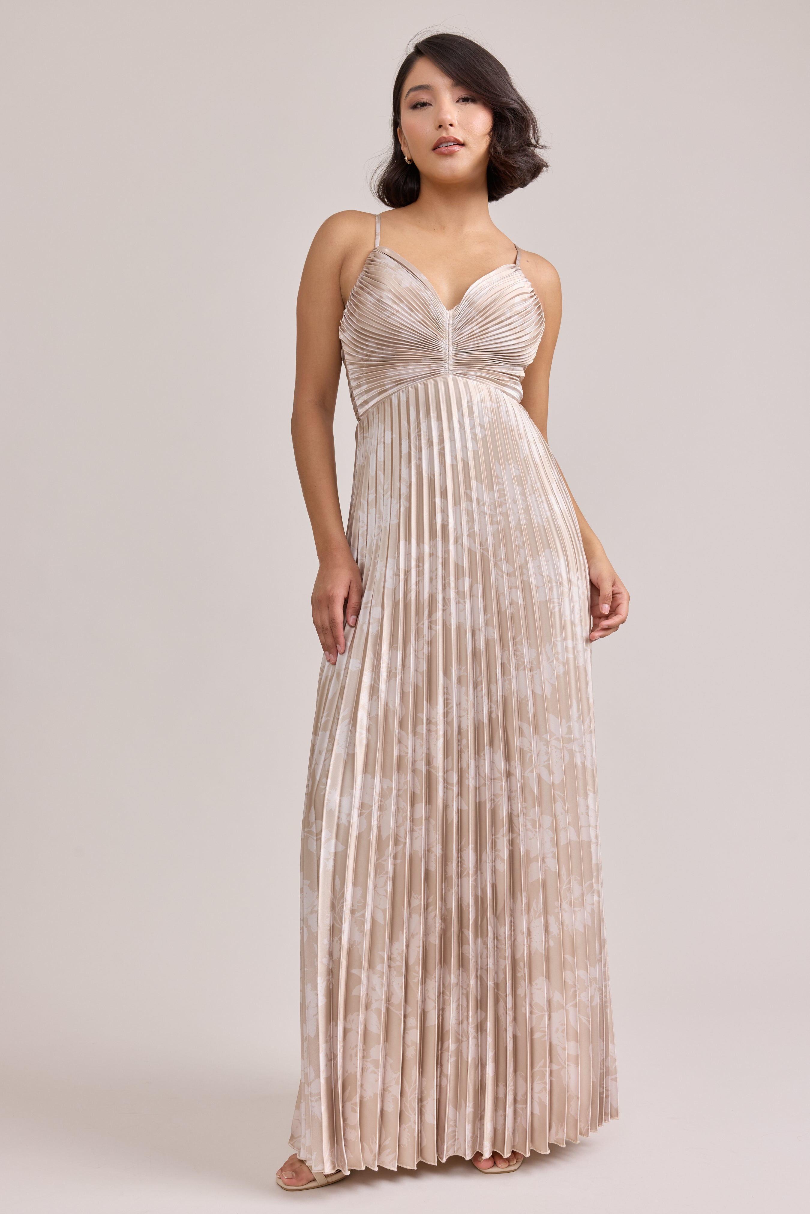 Vivian Satin Pleated Floral Print Dress