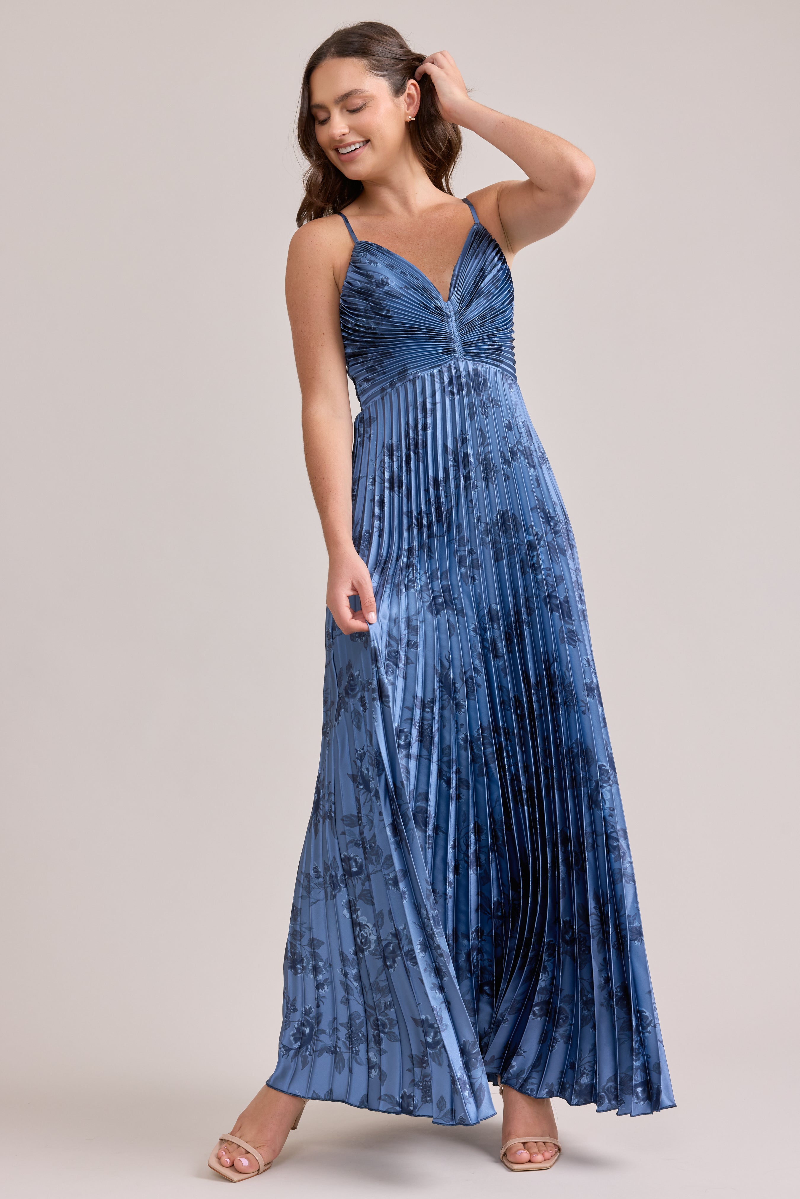 Vivian Satin Pleated Floral Print Dress