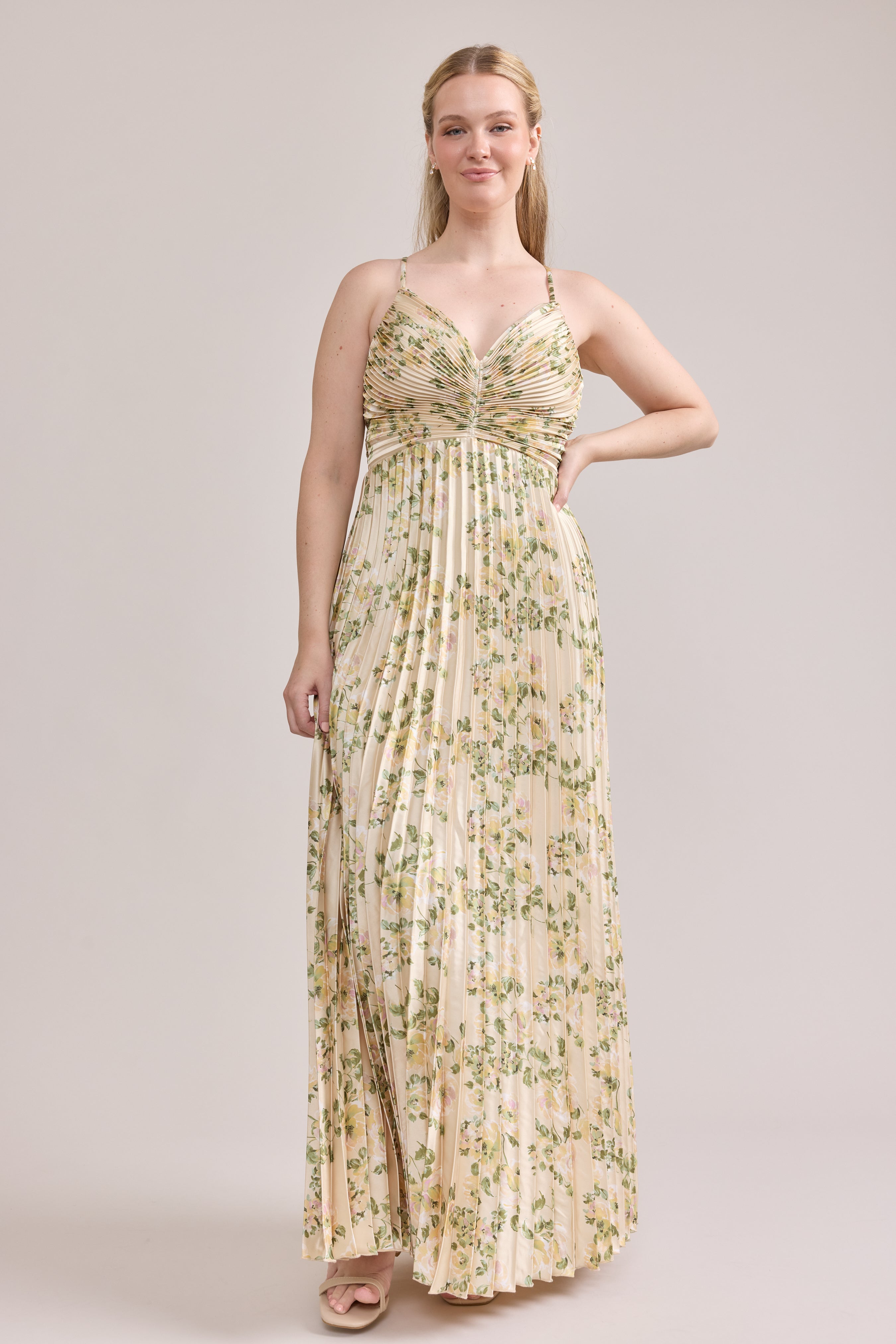 Vivian Satin Pleated Floral Print Dress