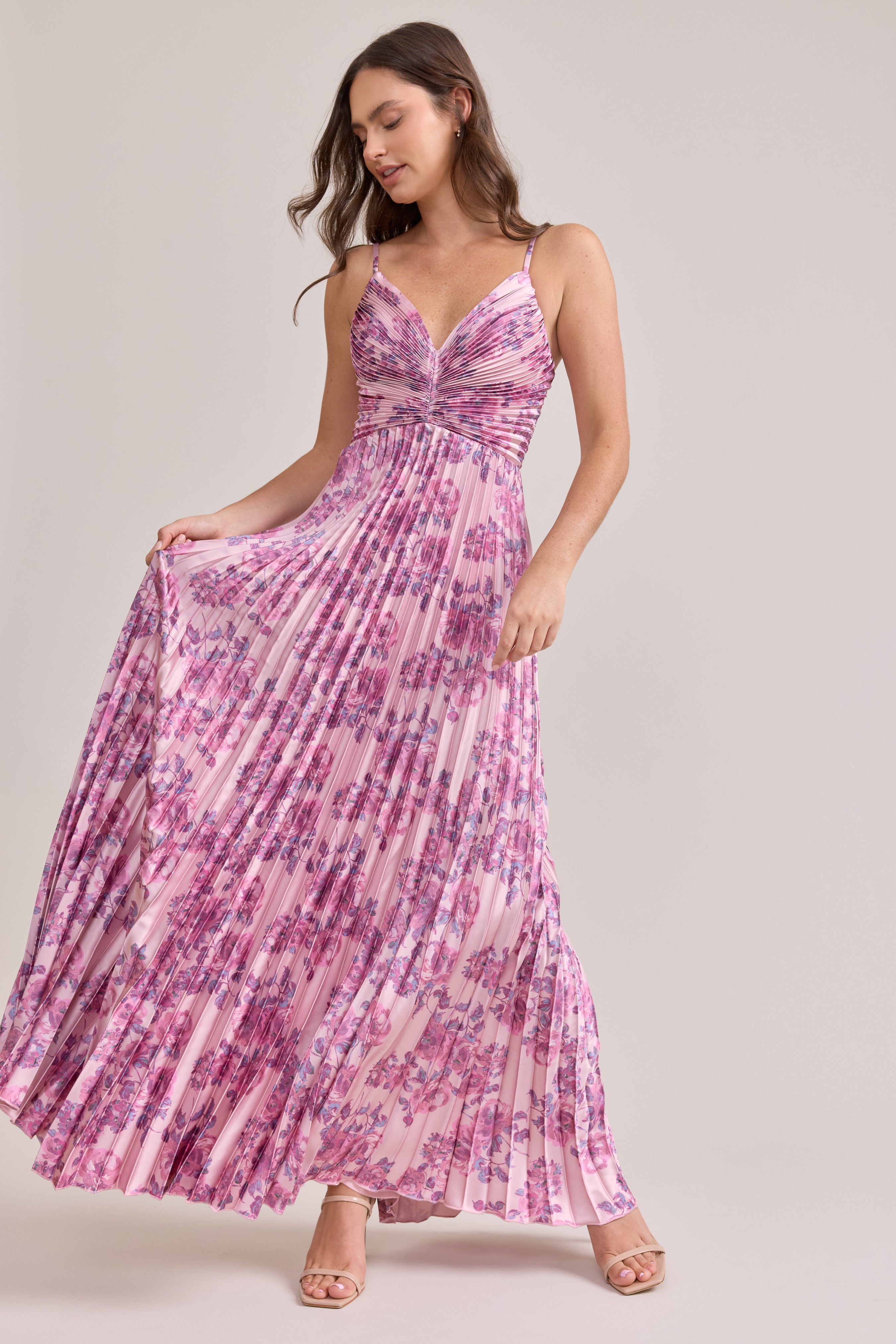 Vivian Satin Pleated Floral Print Dress