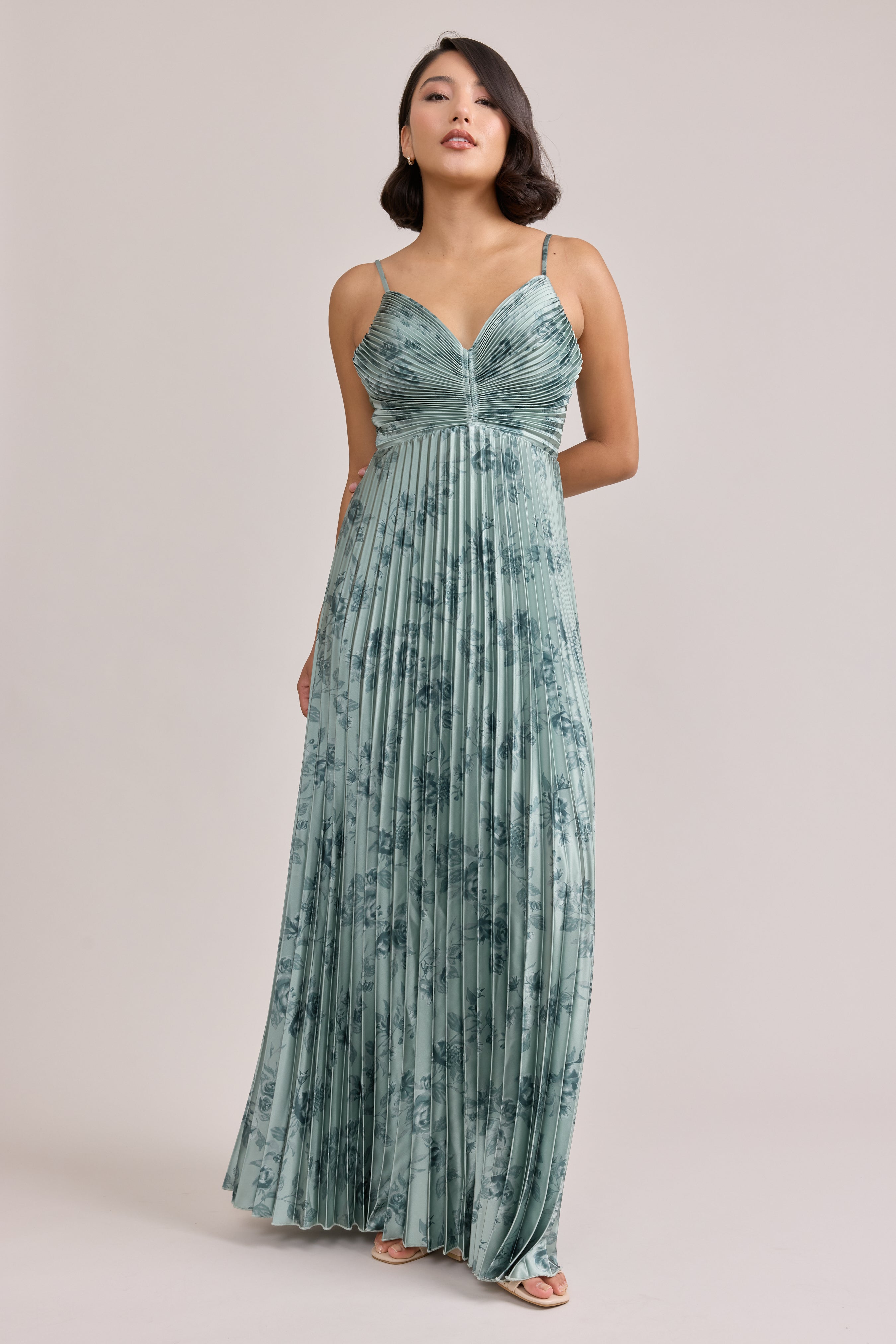 Vivian Satin Pleated Floral Print Dress