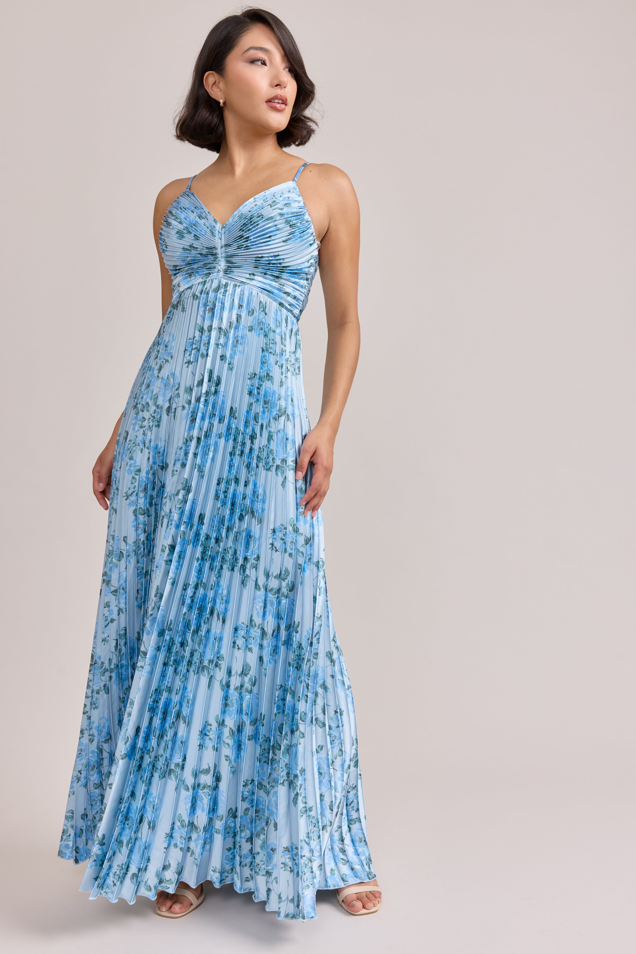Vivian Satin Pleated Floral Print Dress