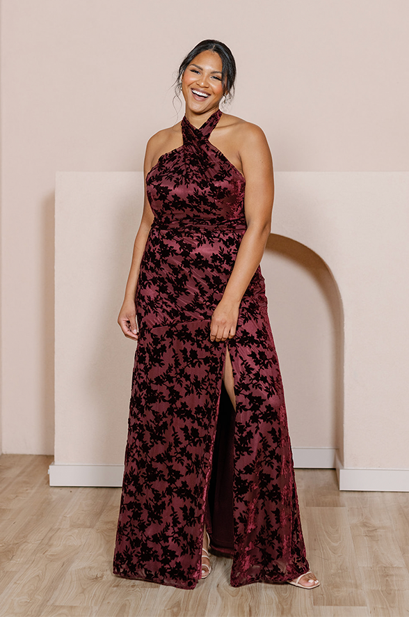 burgundy burnout dress Burgundy Floral Burnout Velvet Midi Dress | Womens | Small (Available in M, L) | 100% Rayon | Lulus