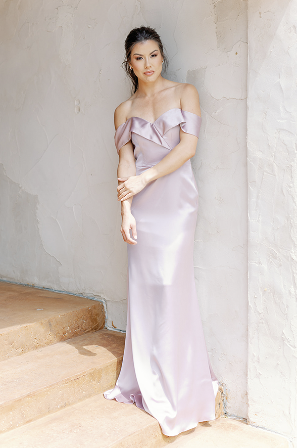 WOMEN’S SUPER GLAM AND STYLISH SIDE SLIT FLOOR LENGTH SOFT SATIN GOWN WITH  OFF-SHOULDER BODICE