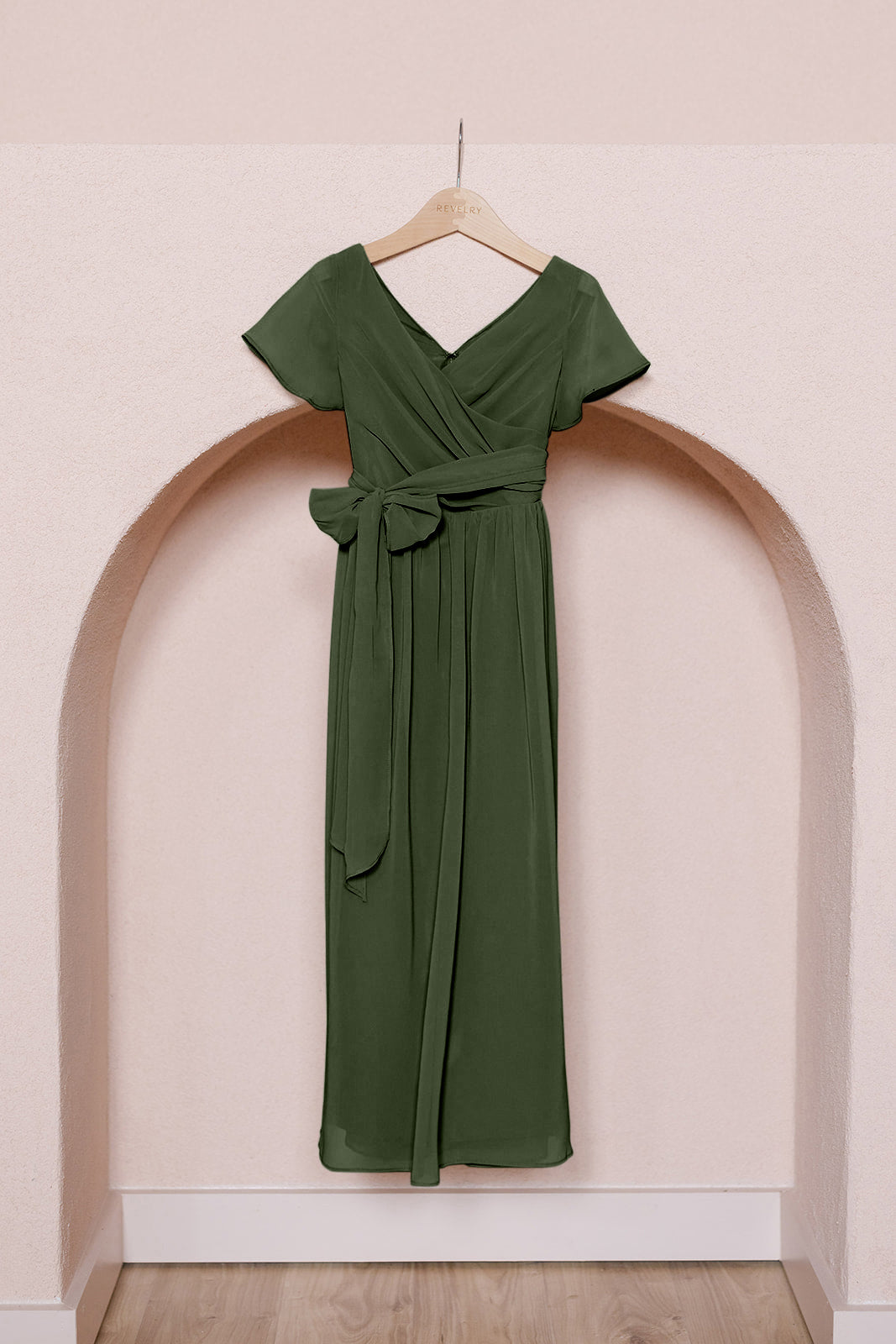 Juniors Harper Chiffon Faux Wrap Dress | Made to Order Deep Olive Juniors Harper Chiffon Faux Wrap Dress | Made to Order Deep Olive