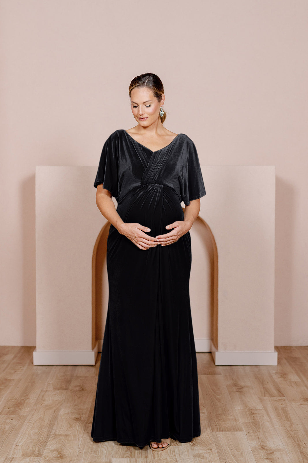 velvet maternity dress Deep Teal Button Up V-Neck high slits on both sides Full Off-the-Shoulder Flounce Sleeve Velvet Maternity
