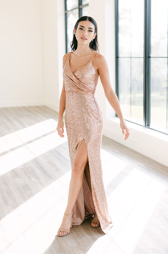 Fitted V-neckline Satin Gathered Waist Rose Gold Bridesmaids or Evenin –  Sparkly Gowns